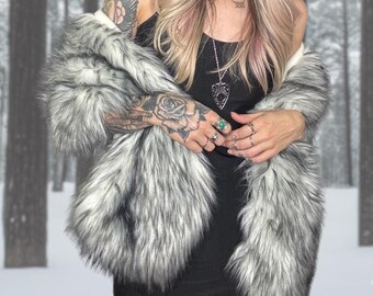 FLEECE LINING - Gray Faux Fur Shawl - White Wolf Faux Fur - Faux Fur Bridesmaid Shawl - Faux Fur Bridal Wrap