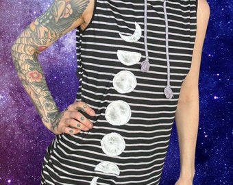 Upcycled Hooded T-Shirt Dress: Embroidered Moon Phases, Striped Jersey