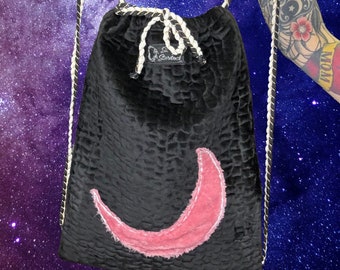 Quilted Velvet Drawstring Bag: Embroidered Fuzzy Moon, Adjustable Cords