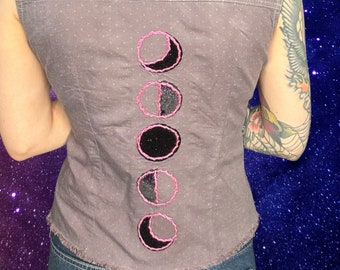 Upcycled Moon Phases Embroidered Sleeveless Shirt - Size M