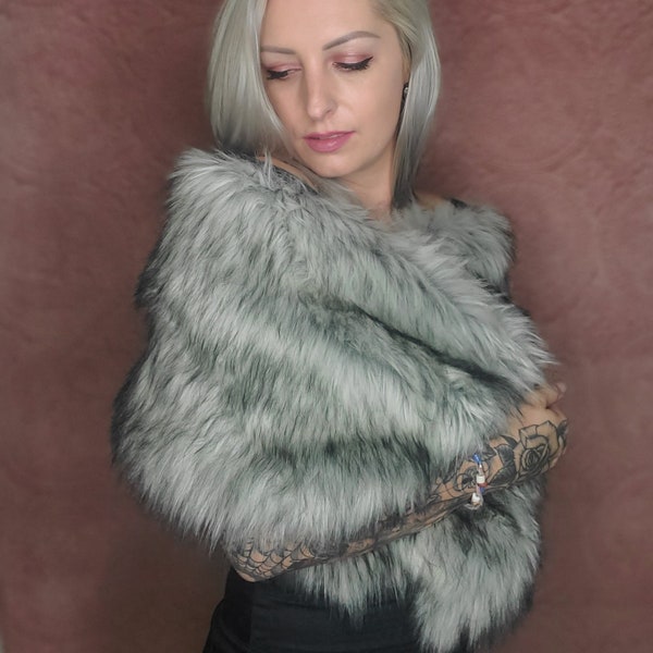 Gray Faux Fur Shawl - FLEECE LINING - Grey Wolf Faux Fur - Faux Fur Bridesmaid Shawl - Faux Fur Bridal Shawl