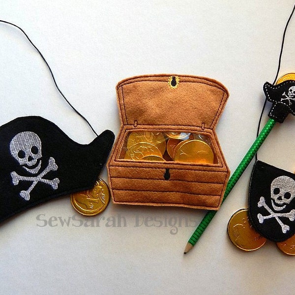 Machine embroidery design -In The Hoop Pirate Party Set - Treat Holder, Eye Patch, Pencil Topper and Pirate Hat Instant digital download