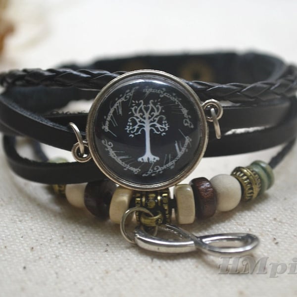 Life tree bracelet,White Tree of Gondor Bracelet,Infinity bracelet,black and white,leather bracelet,glass dome phoot jewelry gift (SL881705)