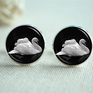 Swan Cufflinks, White Swan Cuff Links, Swan Lake, Ballet Dancer Cufflinks Tie Clip, Black and White Silhouette Custom Photo gift （XK253)
