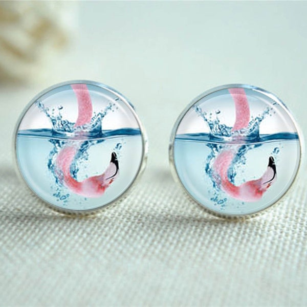 Flamingo Cufflinks, Bird Cuff Links, Water Cufflinks, Pink Flamingo Tie Clip, Men's Wedding Accessory,Custom Photo Glass Dome Jewelry（XK255)