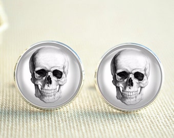 Skull Cufflinks, Pirate Cuff Links, Scary Skull Tie Clip, Drawing Sketch Arts Cuff link, Novelty Cufflinks Tie Bar, Gift for him (XK179)