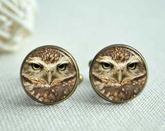 Owl Cufflinks, Owl Studs, Night Hooters Cuff Links, Custom Photo Cufflinks Tie Clip, Father Cufflinks, Gift for him （XK263)