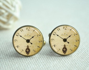 Gemelos de reloj Steampunk, gemelos con imagen de reloj, clip de corbata, accesorio para hombre, regalo de cumpleaños, aniversario o boda (XK242)