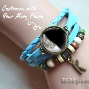 Personalized Lunar Phase leather bracelet, Moon Phase of a special day Bracelet,Faminly Name Intial charm bracelet, Birthday Gift  (SL00)