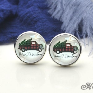 Pendientes del camión del árbol de Navidad, joyería del camión del búfalo rojo de navidad se puede hacer como collar, llavero, anillo, reloj de bolsillo, clip de la corbata (ER772N6)