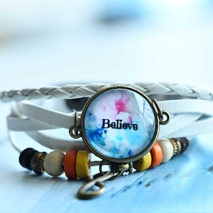 Believe Leather Bracelet, Insipring Bracelet, Infinity charm bracelet,Woven Braided Adjustable Leather Bracelet,photo jewelry gift (SL925N2)