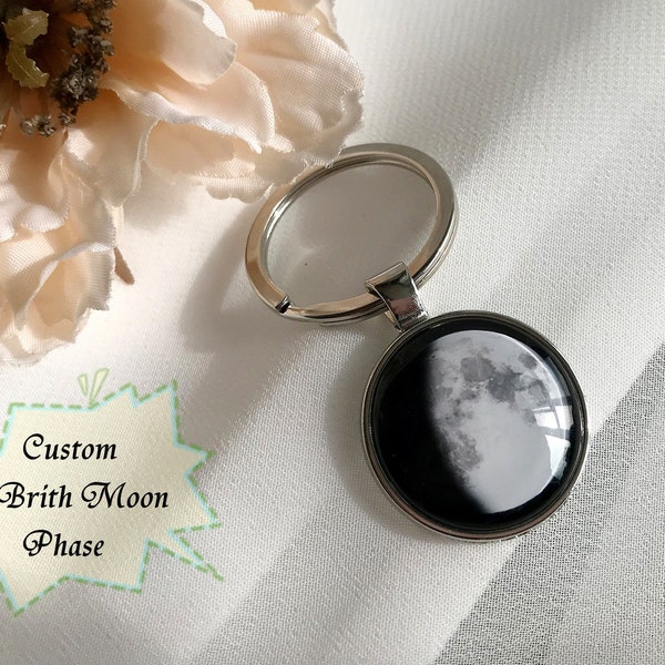 Customize Moon Phase Keychain,Personal Lunar Phase Keyring,Your Date Moon Jewelry Keyring,Moon Wedding Bouquet Charm,Personalized Moon Gift