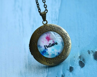 Believe Locket Necklace, Inspiring Picture Frame Necklace, Photo Inside Locket Pendant Necklace, Keepsake Gift ,Birthday Gift (XH925N2)