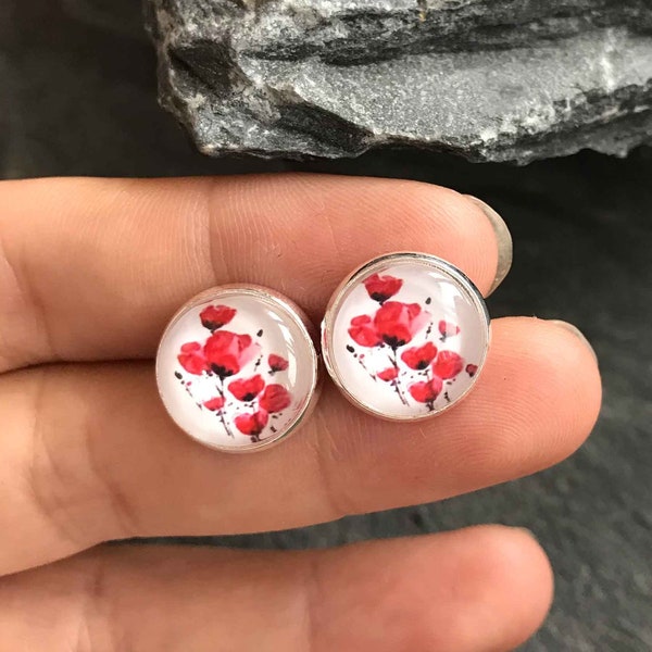 Puces d'oreilles coquelicot, boucles d'oreilles sur tige dôme en verre fleur, boutons de manchette fleuris/collier médaillon/porte-clés/montre de poche/pince à cravate (ER626d6)