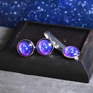 Galaxy cufflinks,Purple Blue Galaxy Cuff Links Tie Clip set,Wedding Groomsmen cufflinks,Novelty Cufflinks gift,Best Man Cufflinks