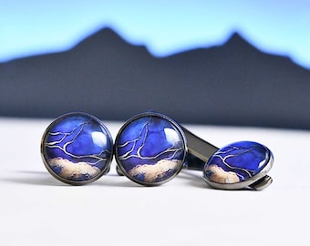 Blauwe Oceaan manchetknopen, strand manchetknopen stropdas clip set, Sea Wave manchetknopen, bruiloft beste man bruidsjonkers geschenken, beste man manchetknopen-XK1786