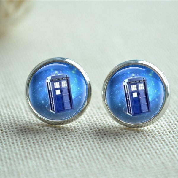 Doctor who Earrings, Tardis Stud Earrings, police box Galaxy Photo Cabochon Post Earrings, Unisex gift, personalized gift (ER110N6)