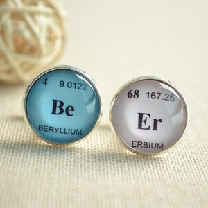 May include: A pair of round silver-toned stud earrings. One earring features the element Beryllium (Be) in a light blue circle, the other features Erbium (Er) in a light purple circle. The earrings are set against a neutral background.