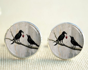 Bird Cufflinks, Love Birds on branch Cuff Links, Love heart, Birds Tie Bar, Men's Wedding Cufflinks, Personalized Picture Cufflinks (XK188)