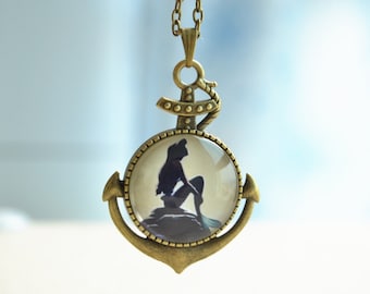 Steampunk Anchor necklace,The little mermaid Necklace,waiting mermaid pendnat necklace,picture necklace jewelry birthday gift  (XL020)