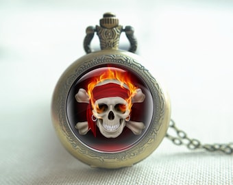 Montre de poche tête de mort pirate, collier montre tête de mort en feu, collier pendentif photo cabochon, cadeau collier médaillon (HB039)