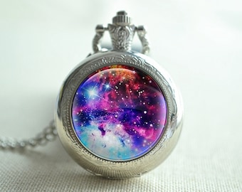 Purple Galaxy Pocket Watch Necklace, Space Nebula Stars Sky quartz watch necklace, Glass Photo Locket Necklace, Unisex gift (HB029)
