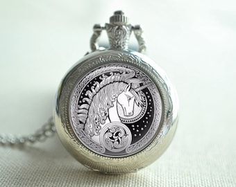 Einhorn Taschenuhr, Märchen Einhorn Anhänger Halskette, Cabochon Bild Halskette, Schlüsselbund, Quarzuhr, Medaillon Halskette Geschenk (HB044)