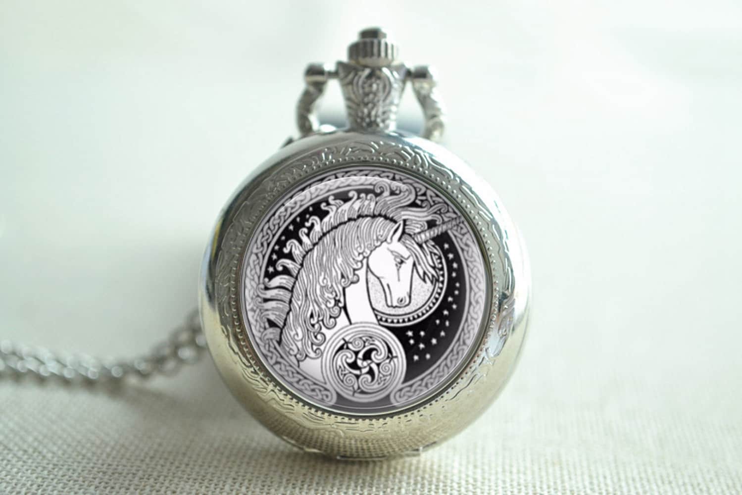Unicorn Pocket Watch fairy Tale Unicorn Pendant Necklace Cabochon Picture Necklace Keychain quartz Watch locket Necklace Gift HB044 Etsy