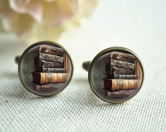 Old Book Cufflinks Tie Clip Set,bookshelf Men Cuff links, Librarian Tie Bar Jewelry,Gift for Men,Wedding cufflinks Picture Jewelry  (XK052)