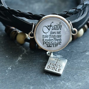 Pulsera personalizada con versículo bíblico, pulsera de cuero Lucas 1:37, pulsera con dije de la Sagrada Biblia, pulsera trenzada con fe cristiana (SL1973N11)