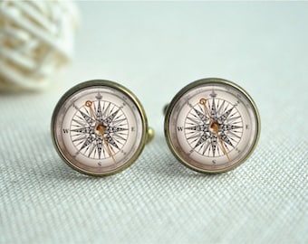 Retro Compass Cufflinks, Steampunk Nautical Cuff links ,Old World Sailing personalized Men Cuff Link Wedding cufflinks,Gift for him  (XK072)