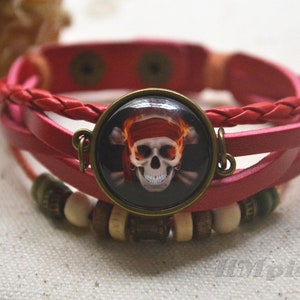 Skull bracelet,Pirate Bracelet,Skull picture bracelet,Caribbean pirate,braided leather bracelet,glass dome photo jewelry gift (SL881707)