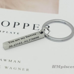 Personalized Bar Keychain,Customize Laser Engraved Coordinate Keychain,High Polished Mirror Stainless Steel Bar Keyring,Wedding Gift for him