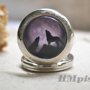 Hawling Wolf Pocket watch,Full moon watch necklace,Retro wolf necklace, Cabochon picture pendant necklace, Moon necklace gift (HB82806)