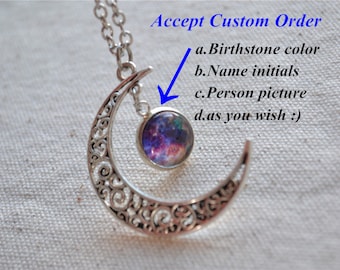 Crescent Moon Necklace, Purple Galaxy necklace, Hallow Moon Phase Cosmic Universe jewelry ,Birthday / Annivesary / Wedding gift   (XL004)