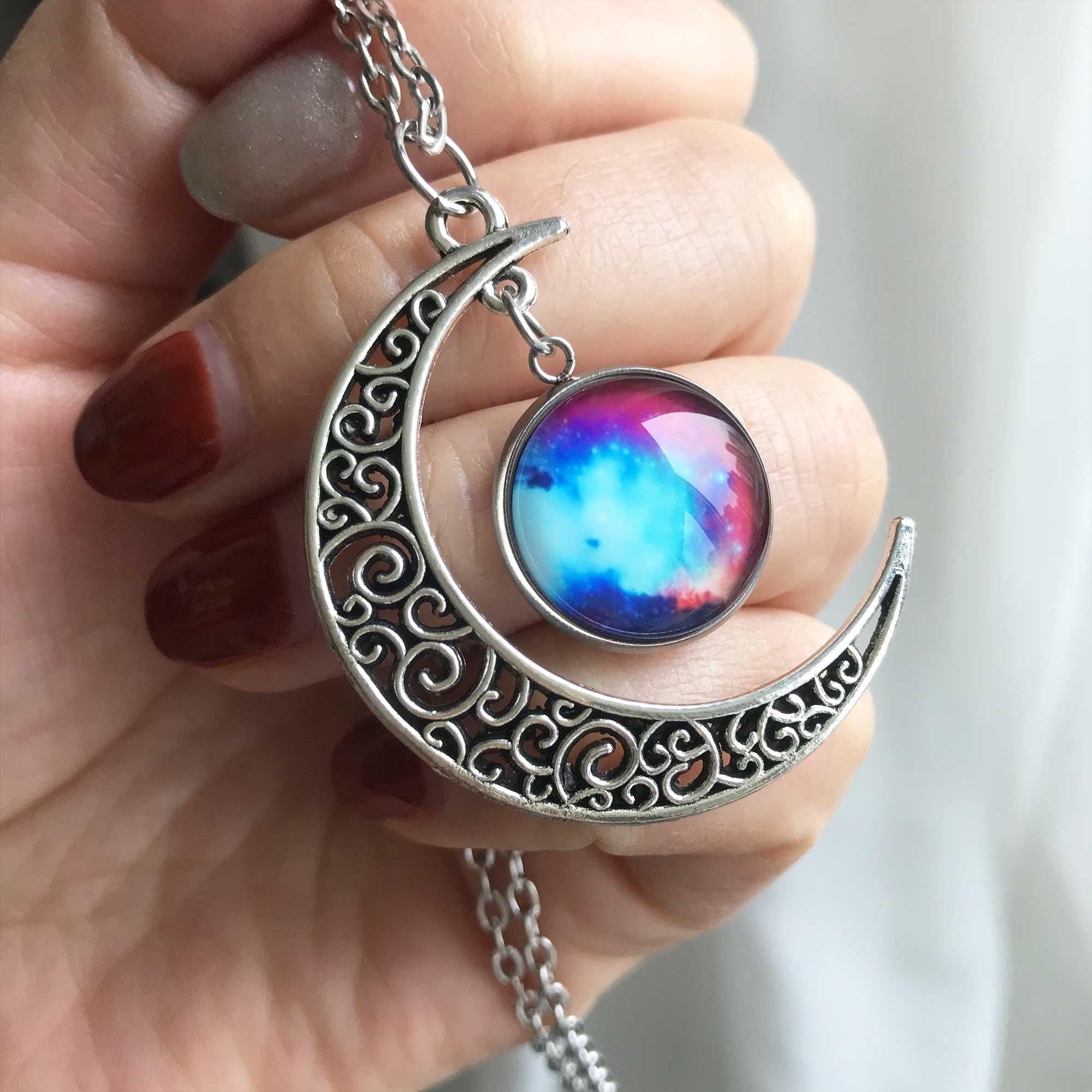 Hallow Crescent Moon Necklace,purple Blue Galaxy Necklace, Mestery