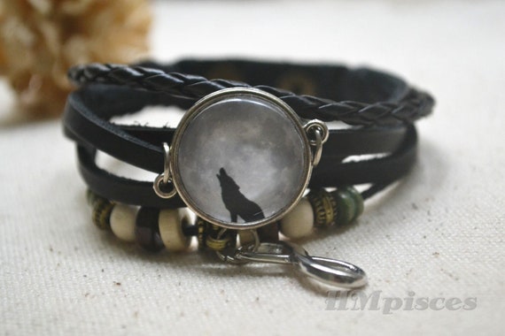 Full moon bracelet,Howling Wolf Bracelet, wolf woven bracelet,moon braided leather strap bracelet,moon jewlery, infinity jewelry(SL8601)