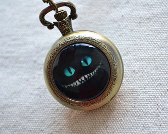 Cheshire Cat Pocket Watch,Alice in wonderland pendent Necklace,Quartz watch necklace, cat jewelry,unisex gift (HB003)