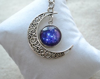 Moon Necklace,Crescent Moon Necklace,Galaxy necklace, Blue starry star sky,stars necklace,Cosmic Universe jewelry,space nebular (XL002)