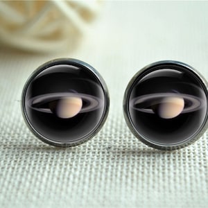 Saturn Earrings, Planet Saturn Studs, Solay System Planet Saturn Picture Studs, Space Nebula Jewelry,Glass Dome Jewelry, Cabochon (EH132)