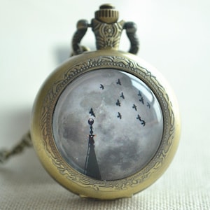 The Full Moon Watch,Light tower and flying birds Space Picture pendant necklace,Steampunk Galaxy Watch Necklace jewelry,unisex(HB015)