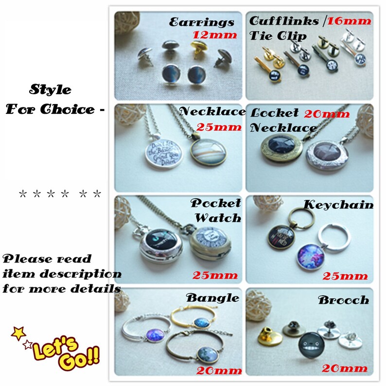 Op de afbeelding: Een collectie sieraden en accessoires waaronder oorbellen, manchetknopen, dasspelden, kettingen, medaillons, zakhorloges, sleutelhangers, armbanden en broches. Elk item heeft ronde ontwerpen met diverse patronen en afmetingen van 12mm tot 25mm.
