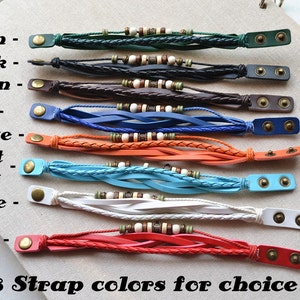 May include: Eight braided leather bracelets with different colored straps and wooden beads. The colors are green, black, brown, blue, orange, light blue, white, and red.  8 Strap colors for choice.
