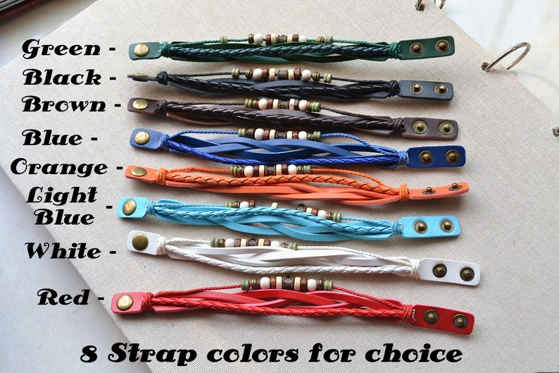 May include: Eight braided leather bracelets with different colored straps and wooden beads. The colors are green, black, brown, blue, orange, light blue, white, and red.  8 Strap colors for choice.