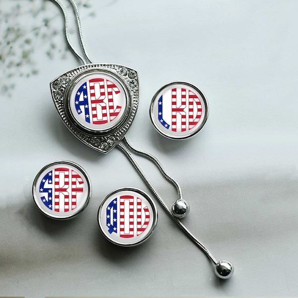 Custom USA Flag Monogram Bolo Tie Necklace - Personalized Wedding Ginger Snap Button Bolo Photo Pendant Necklace, Wedding Bestman gift