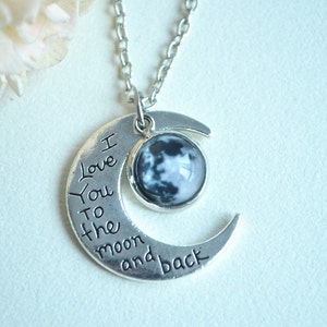 Crescent Moon Necklace,Full Moon necklace, I love you to the moon and back quote Cosmic Universe jewelry wedding gift (XL025)