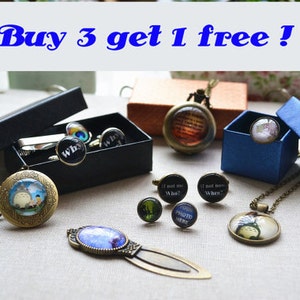 May include: A variety of necklaces, cufflinks, and tie clips with different designs, including a Totoro character, a peacock feather, and text. The text on the cufflinks and tie clips reads "Why", "If not me Who?", "If not now When?" and "Photo Here". The image includes the text "Buy 3 get 1 free!"