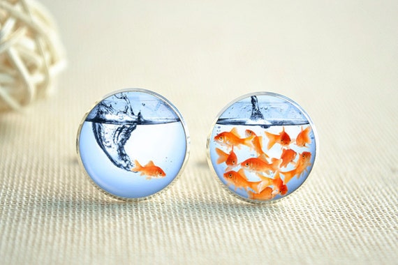 Fish Cufflinks, Escape Goldfish Cuff Links, Fish Tank Tie Clip, goldfish bowl Cufflinks,Wedding Groomsmen Gift, Freedom jewelry (XK161）
