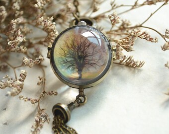 Tree Pocket Watch,Colorful life tree pendent Necklace,Double sides ball pocket watch necklace,four seasons tree,tassel jewelry (HB006)