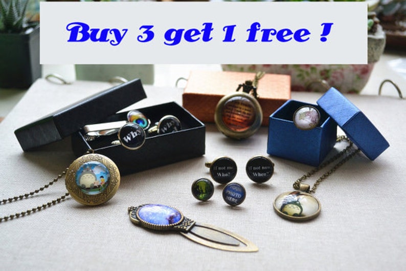 May include: A variety of necklaces, cufflinks, and tie clips with different designs, including a Totoro character, a peacock feather, and text. The text on the cufflinks and tie clips reads "Why", "If not me Who?", "If not now When?" and "Photo Here". The image includes the text "Buy 3 get 1 free!"